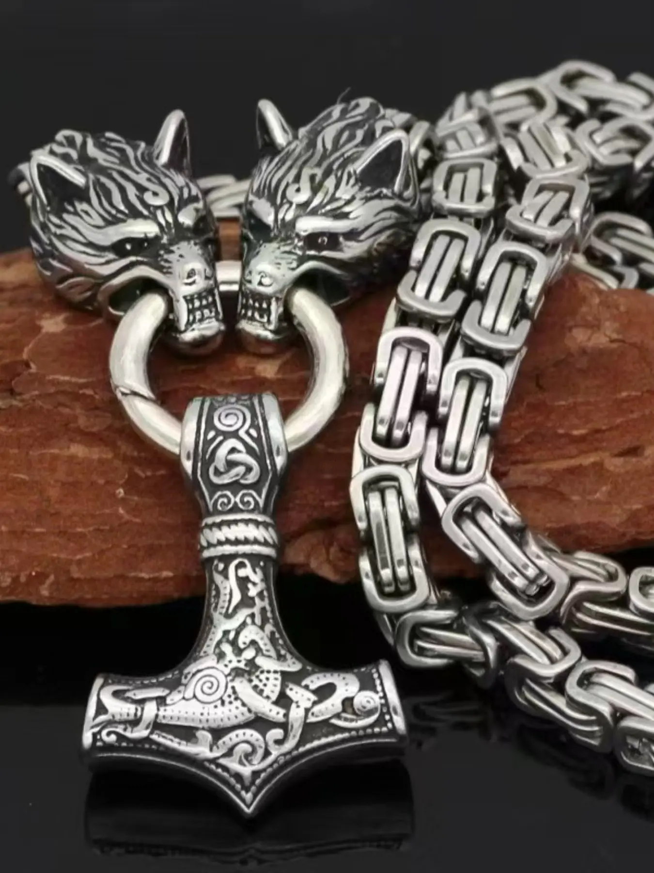 Double wolf head and Thor's hammer pendant stainless steel necklace, Viking amulet, Thor's hammer pendant necklace - stainless steel king chain