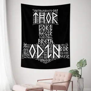 Viking Thor Hammer Odin Runes Typography Tapestry - Norse Mythology Mjolnir Poster Wall Hanging, Celtic Tribal Symbols Fabric Banner, Cool Tribal Pagan Room Decor Tapestries for Dorm