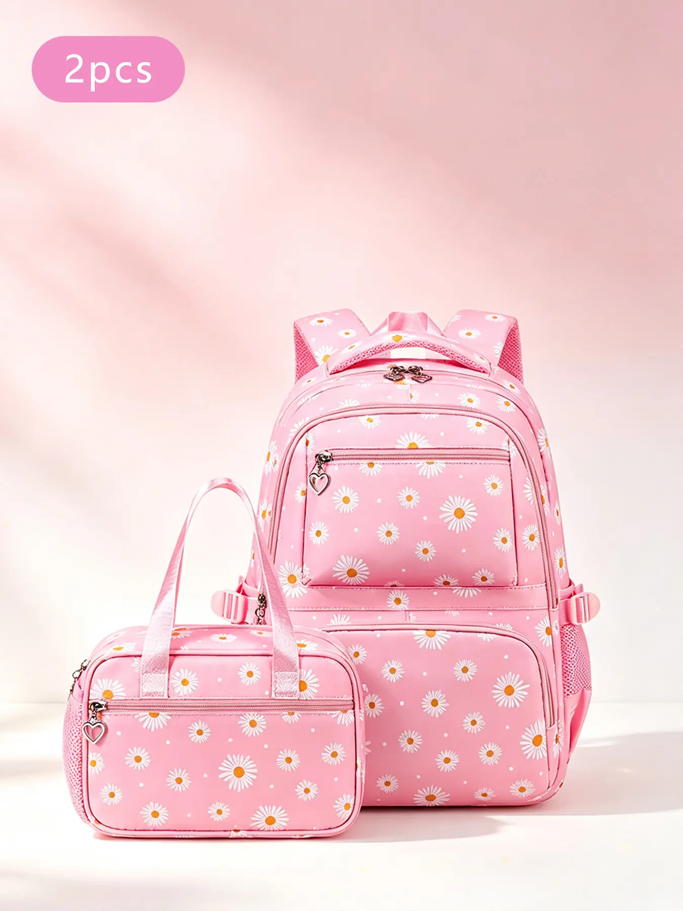 2Pcs Pink Daisy Print Backpack Set Heart Shape Zipper Charms Matching Handheld Lunch Bag Mesh Padded Shoulder Straps Multi Layer Zip Pockets for Campus Study Weekend Trips Daily Casual Outings