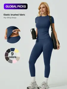 Two-Piece Set Women's Solid Ribbed Long Sleeve Tee & Leggings Sport Set, Casual Breathable Quick Drying T-shirt & Skinny Pants Set for Yoga Gym Workout Running, Ladies Sportswear for All Seasons, Sweatsuit Set, Activewear Set