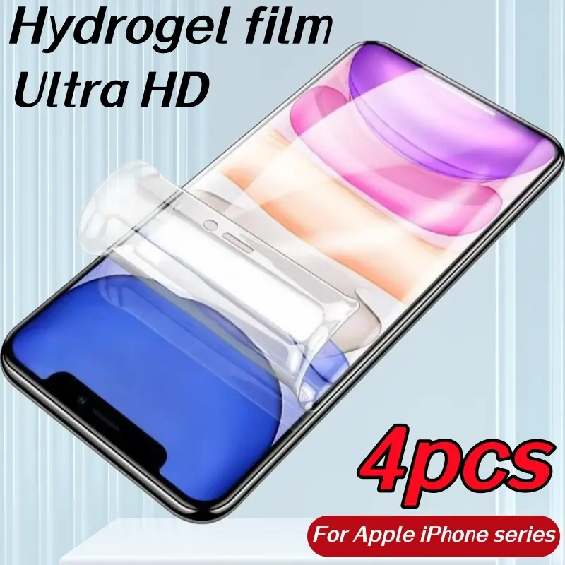 4PCS Ultra-clear hydrogel screen protector for iPhone 17/17 Pro/17 Air/17 Pro Max/16/16Pro/16plus/16Pro max/15/15Plus/15Pro/15ProMax/14/14Plus/14Pro/14ProMax/13/13Pro/13ProMax/iPhone 12/12Pro/12ProMax, full screen coverage, anti-fingerprint soft film, smo