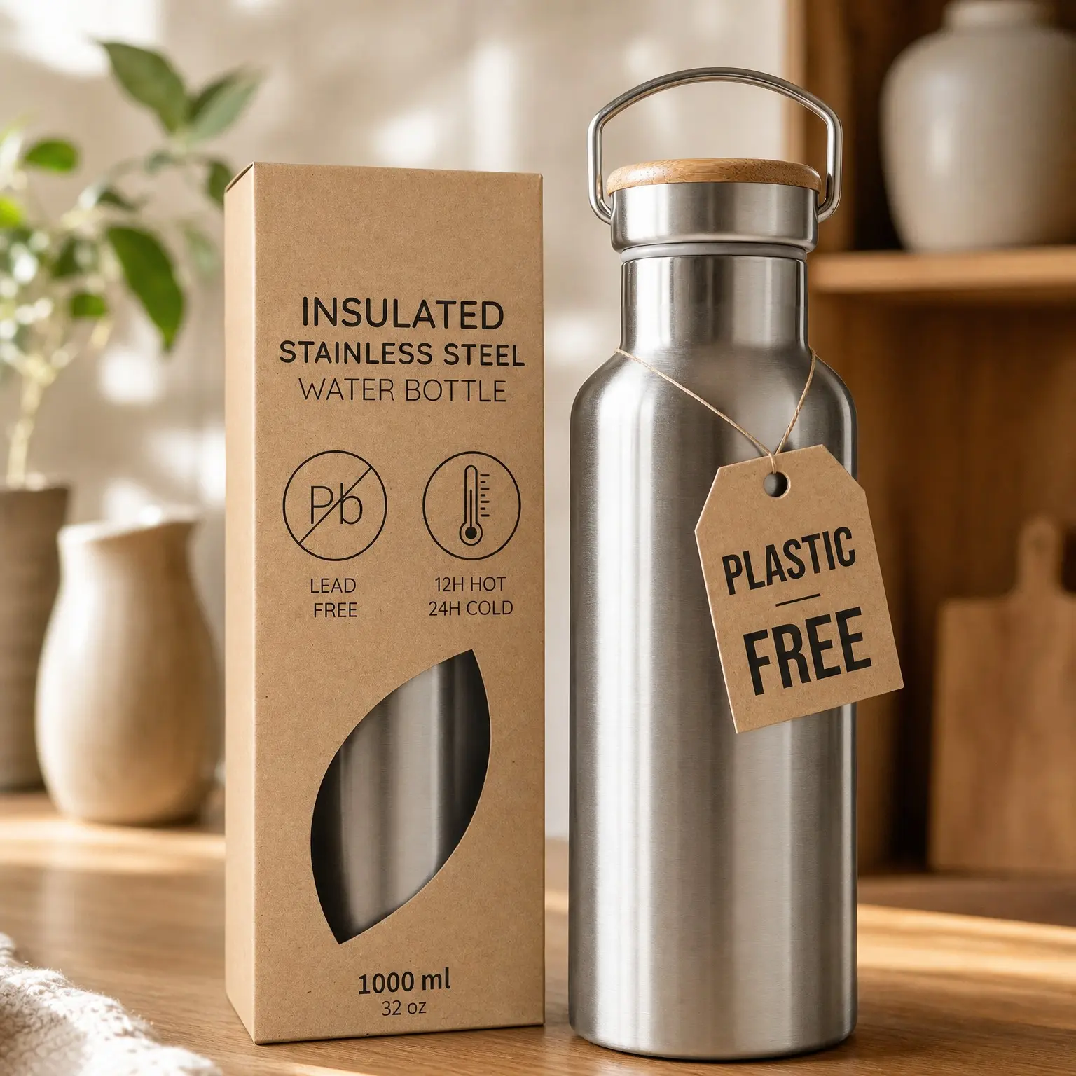 Stainless Steel Insulated Water Bottle 32 oz with Handle & Wide Mouth, Rust-Resistant Metal, Durable & Great for Travel (Natural Steel)Gift