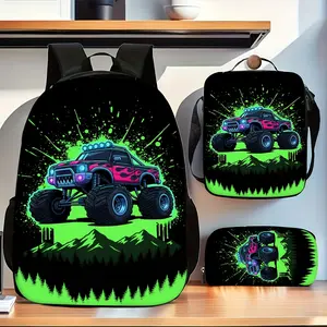 Three-piece daily backpack set with cool neon monster truck print, includes backpack, lunch bag, and pencil case