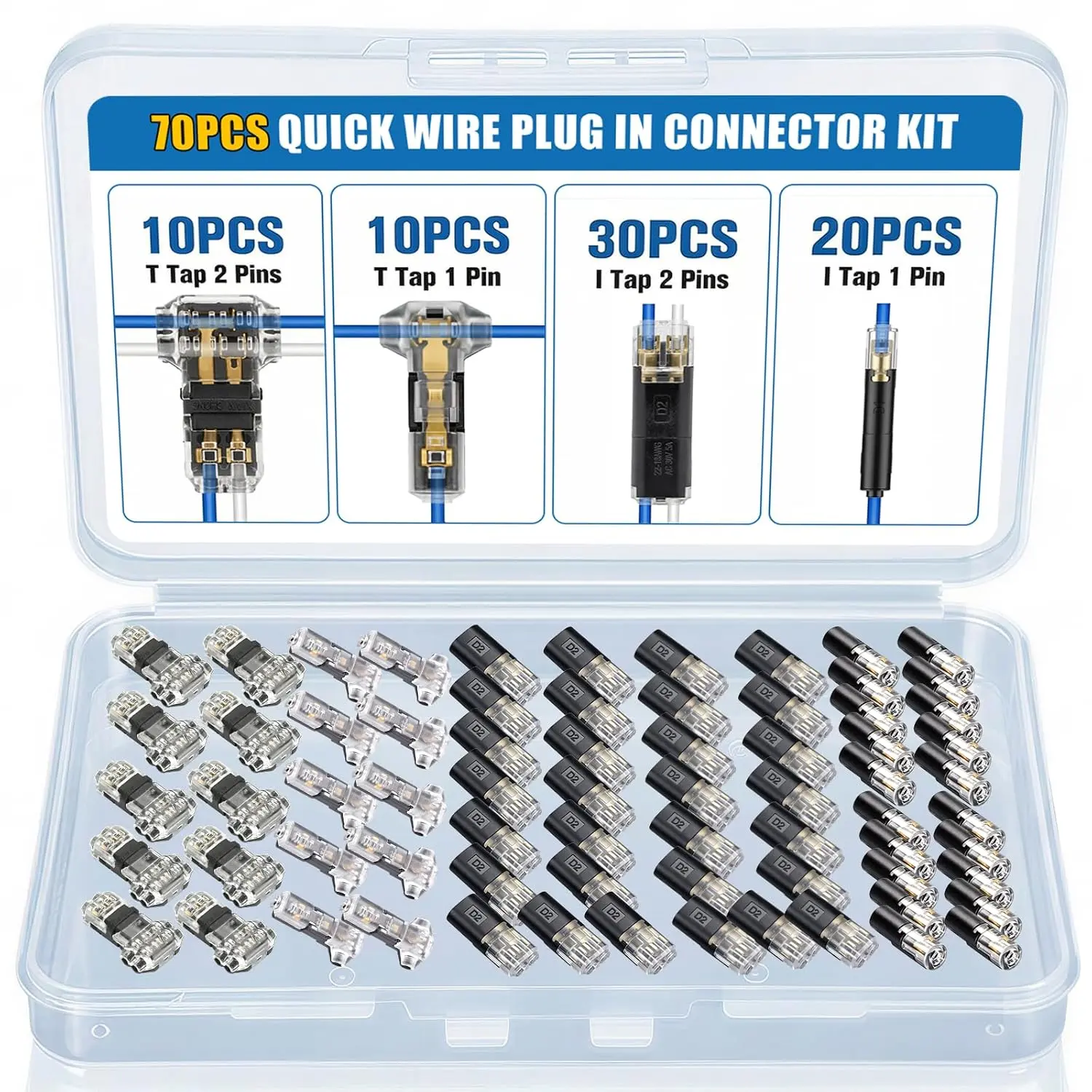 70Pcs Wire Connectors Kit for 18-22 AWG,Low Voltage Quick Double Wire Plug in Connector,Solderless No-Stripping T Tap Wire Connector,3-Way 2-Pins and 1-Pin,2-Way 2-Pins and 1-Pin Splice Terminals