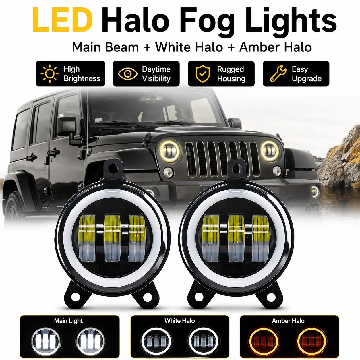 2 Pcs 3.5 Inch Round LED Fog Lights, Dual Color Angel Eye Halo, Daytime Running Lights, High Brightness, Car Modification for Jeep Wrangler