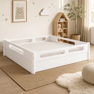 Twin Size Floor Platform Bed Frame with Full-Length Guardrails, Low Profile, No Box Spring Needed, White MDF Pine Plywood, Modern Low Bed for Kids Teens Adults, Easy Assembly