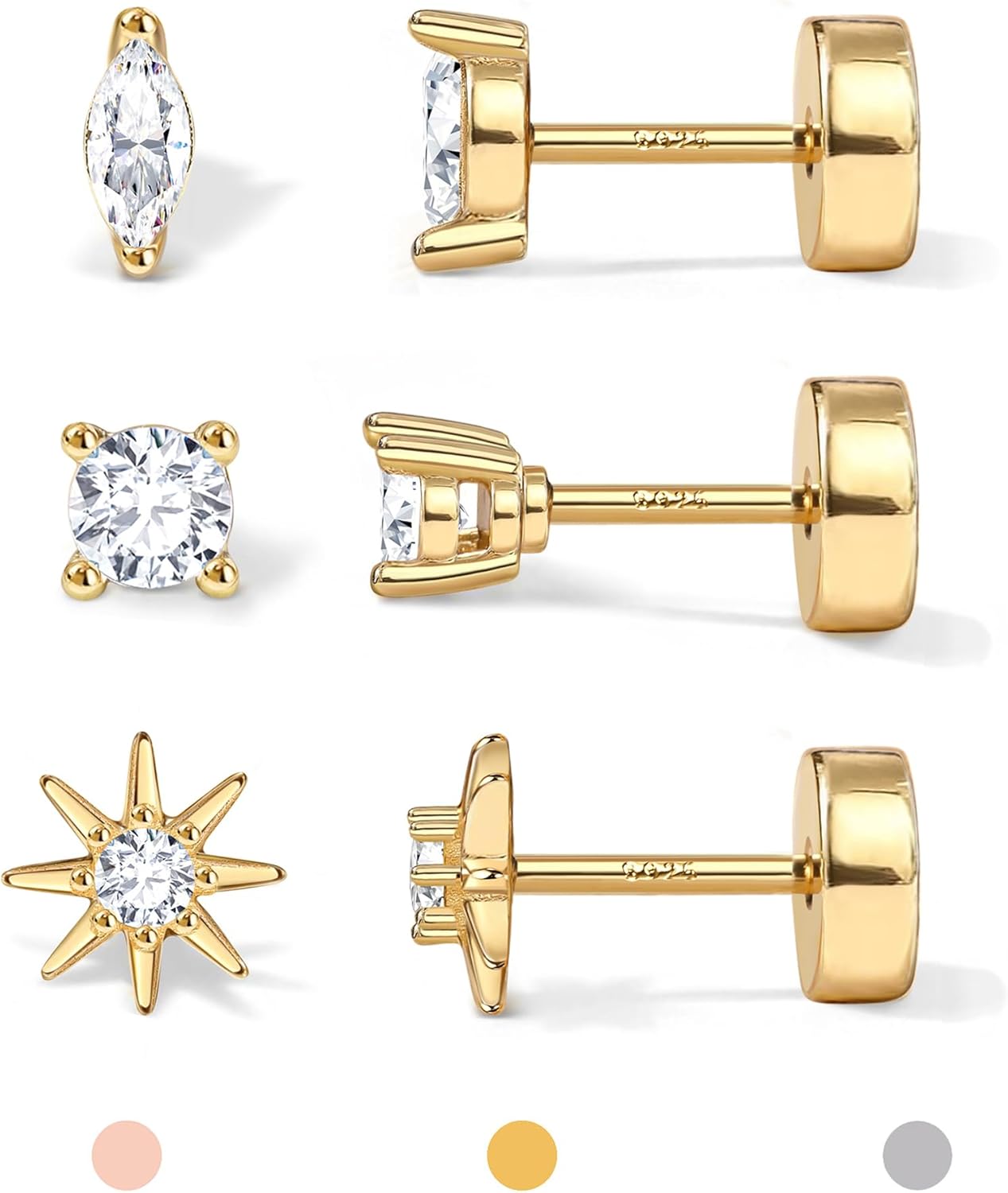 THE WELL KEPT 14K Gold Plated Solid 925 Sterling Silver Post Flat Back Earrings Stud| Cartilage Helix Conch Tragus Piercing Jewelry 3 Pairs Tiny Screw Dainty CZ Opal Earring Set Men Women THE WELL KEPT 14K Gold Plated Solid 925 Sterling Silver Post Flat Back Earrings Stud| Cartilage Helix Conch Tragus Piercing Jewelry 3 Pairs Tiny Screw Dainty CZ Opal Earring Set Men Women