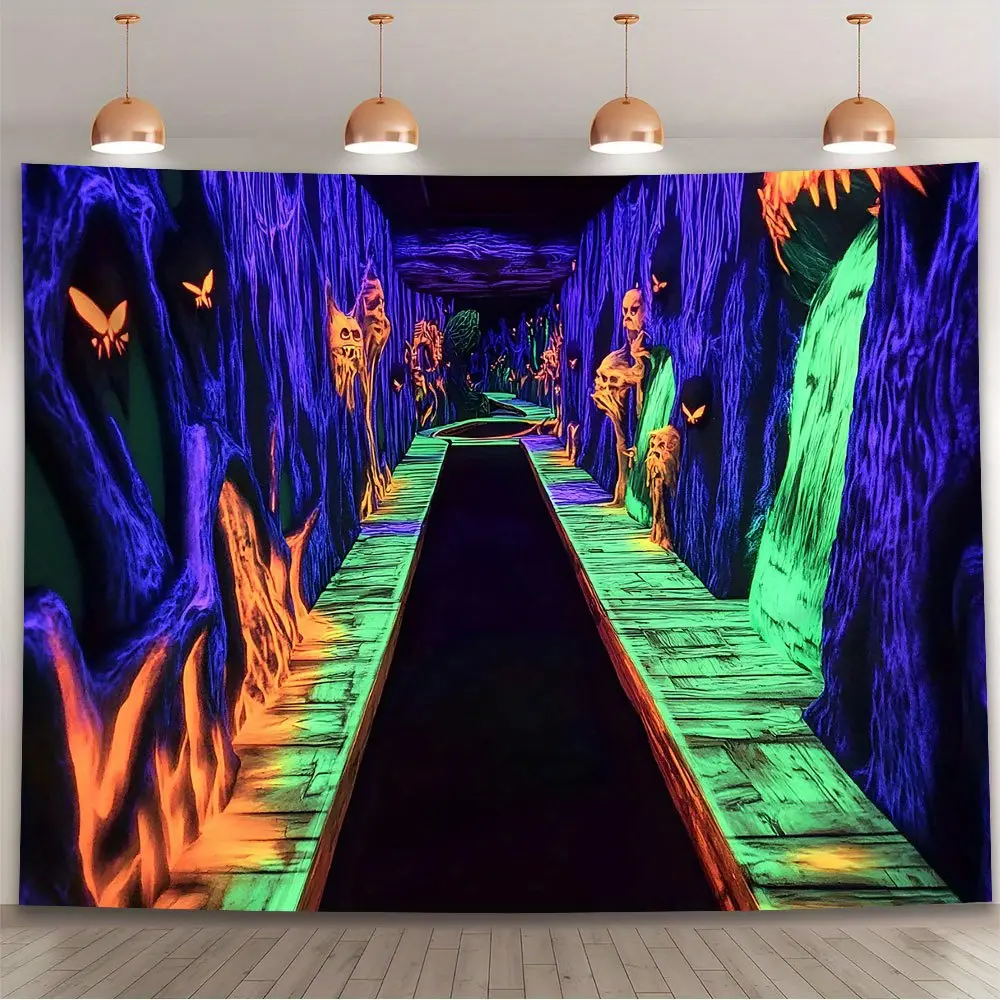 Geometric Neon Blue & Green Horror Glow Tunnel Halloween Party Backdrop Banner - Modern Multi-Size Polyester Machine Wash Photography Background for Gothic Parties, Horror Events