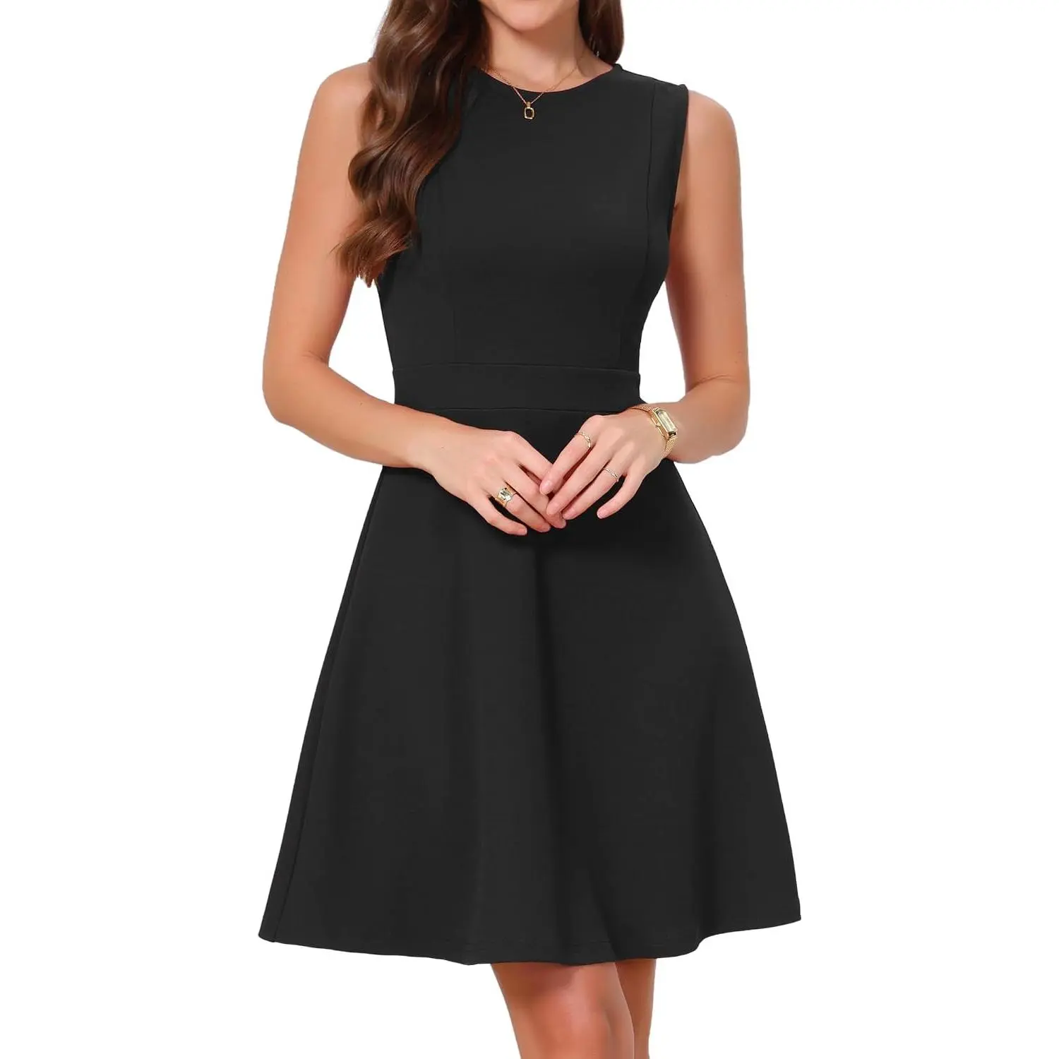 Womens Sleeveless Crew Neck A Line Business Casual Work Dress | Stretchy Lightweight, Elegant Dresses for Funeral Formal Cocktail Party, Wedding Guest Outfits