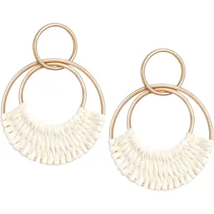 Raffia Hoop Earrings for Women Fun Boho Summer Beach Earrings Lightweight Handmade Straw Wicker Rattan Dangle Earrings Statement Geometric Round Drop Earrings