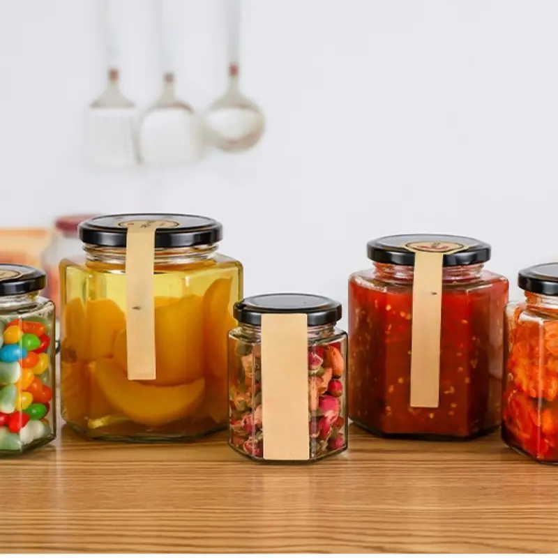 2-Pack Hexagonal Glass Bottles with Lids, Food-Grade Sealed Jars for Jam, Chili Sauce, Lemon Spread, Honey, Home & Party Use