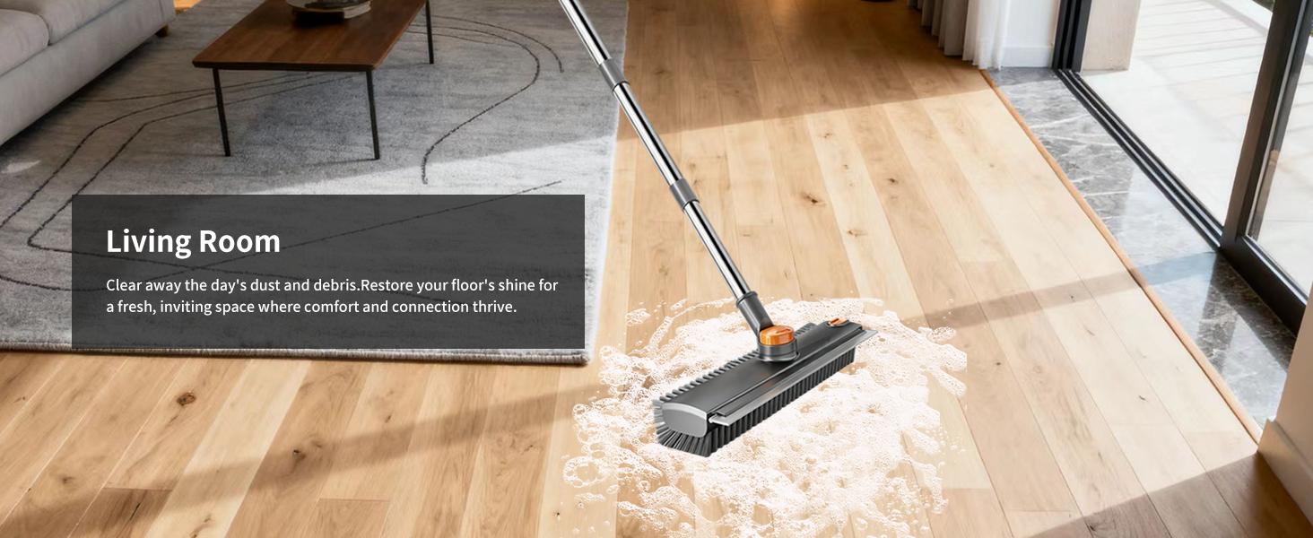 3 in 1 Floor Scrub Brush,Floor Scrubber with Squeegee and Tweezer, Push Broom with Long Handle,Heavy-Duty Stiff 90 °   Bristle Broom for Patio,Shower, Garage,Deck,Tile, Concrete & Wood Surface