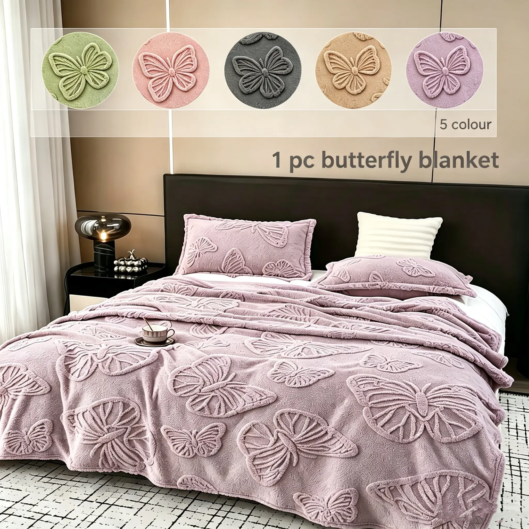 Fleece Butterfly Blanket, Soft Flannel Throw for Sofa and Futon,  Embroidered Design, All-Season Use, 60x80 Inches, Cozy Throw Blankets