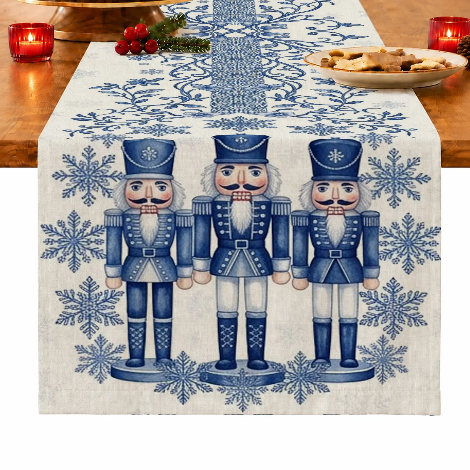 1pc Nutcracker & Snowflake Table Runner, Rustic Christmas Style, for Dining Table, Kitchen, Dining Room & Home Decor, Christmas Table Decoration and Festive Home Decor