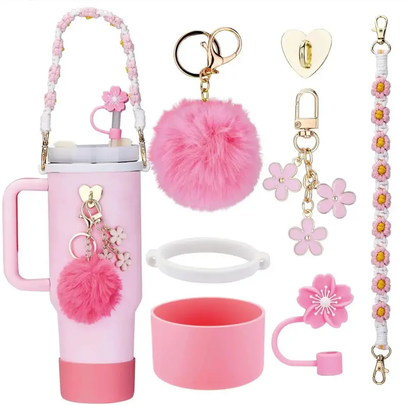 Compatible with  Cup Accessories, 7 count Tumbler Accessories for  Cup 30/40 oz, Including Water Bottle Handle Strap, Cup Boot, Straw Cover, Plush Ball and Key Charm, Pink-L