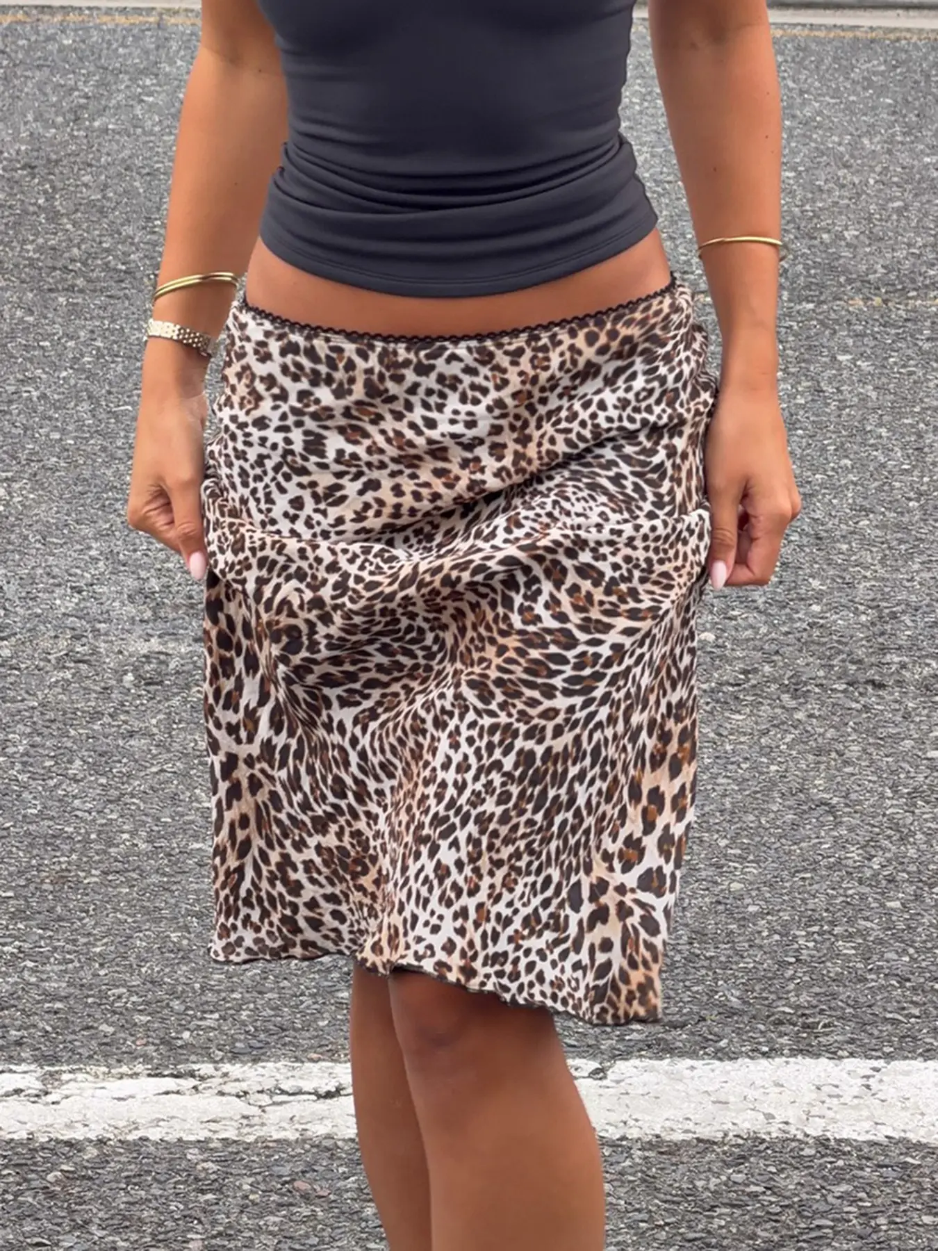 Vintage Leopard Print Midi Skirt, Elastic Waist Fit Knit Half Skirt, Retro Style Over-The-Knee Summer Dress, Women's Fashion Chic