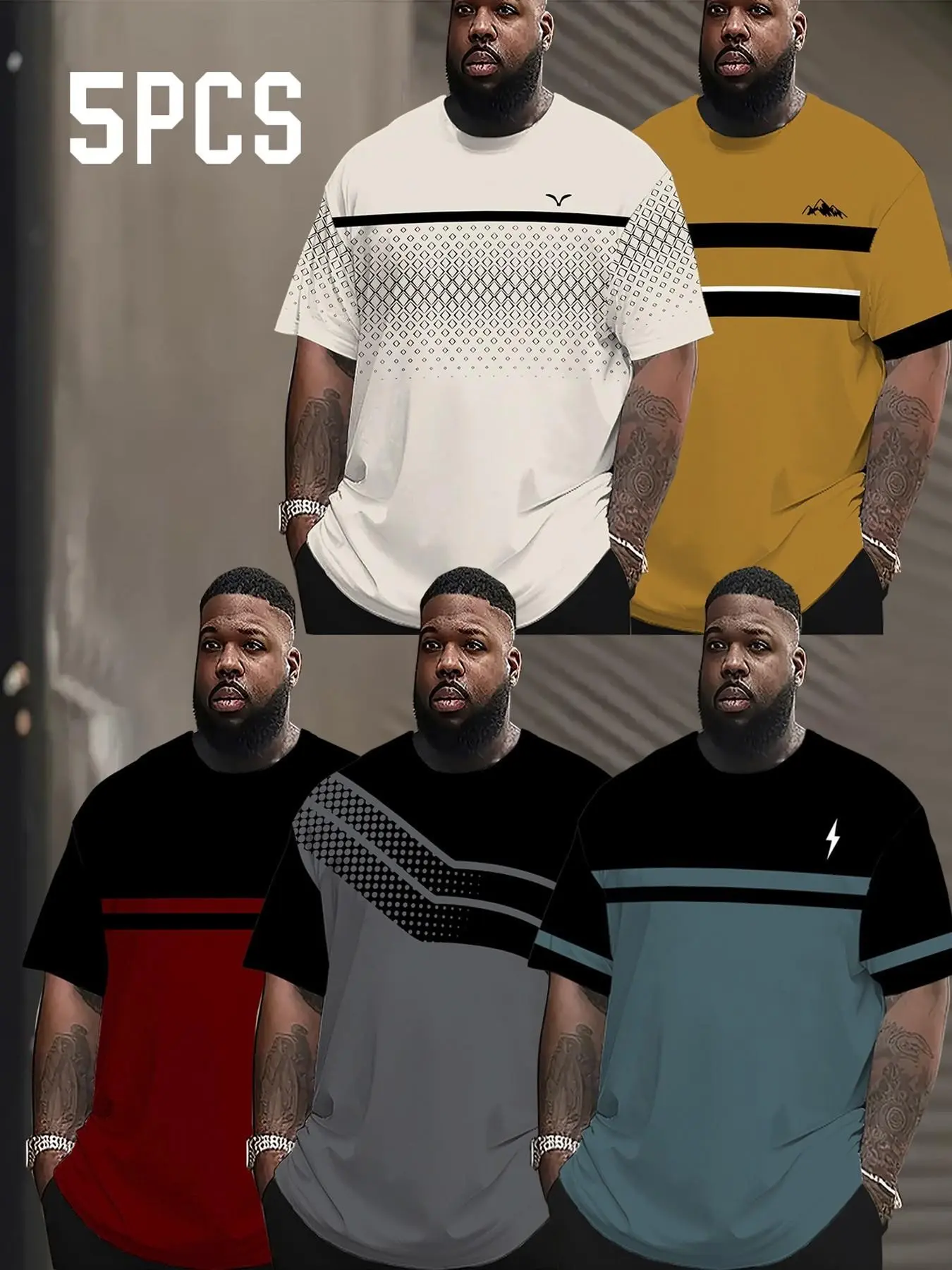 5-Pack Gradient Summer Round Neck Quick-Dry Breathable Fabric Short Sleeve T-Shirts, Striped Print Men's Fashion Casual Streetwear T-Shirts