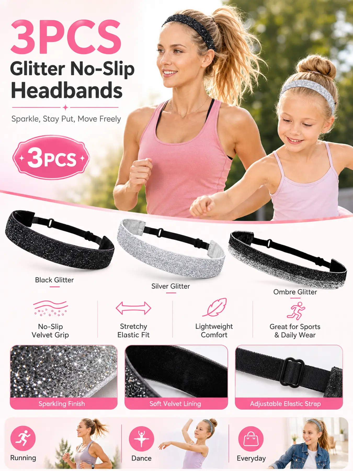 3PCS Sparkly Glitter Headbands for Women Girls, Non Slip Elastic Sports Hair Bands with Soft Velvet Lining, Stretchy Grip Workout Headbands for Running Yoga Gym Softball Soccer, Fashion Hair Accessories for Daily Wear & Active Style