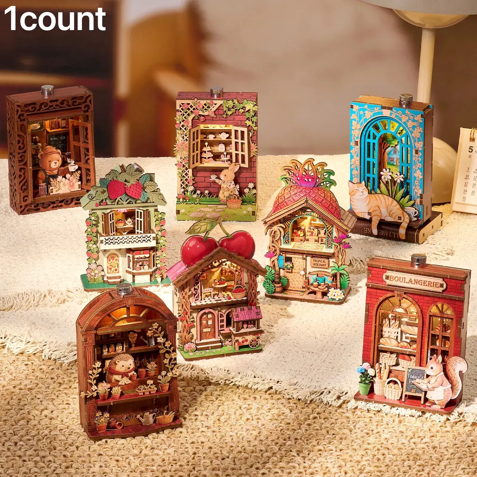 Fridge Magnet DIY Wooden Book Nook Kit, 3D Puzzle Toy, Dollhouse Shop Animal Mini House, Creative Assembly Model, Decorative Furniture