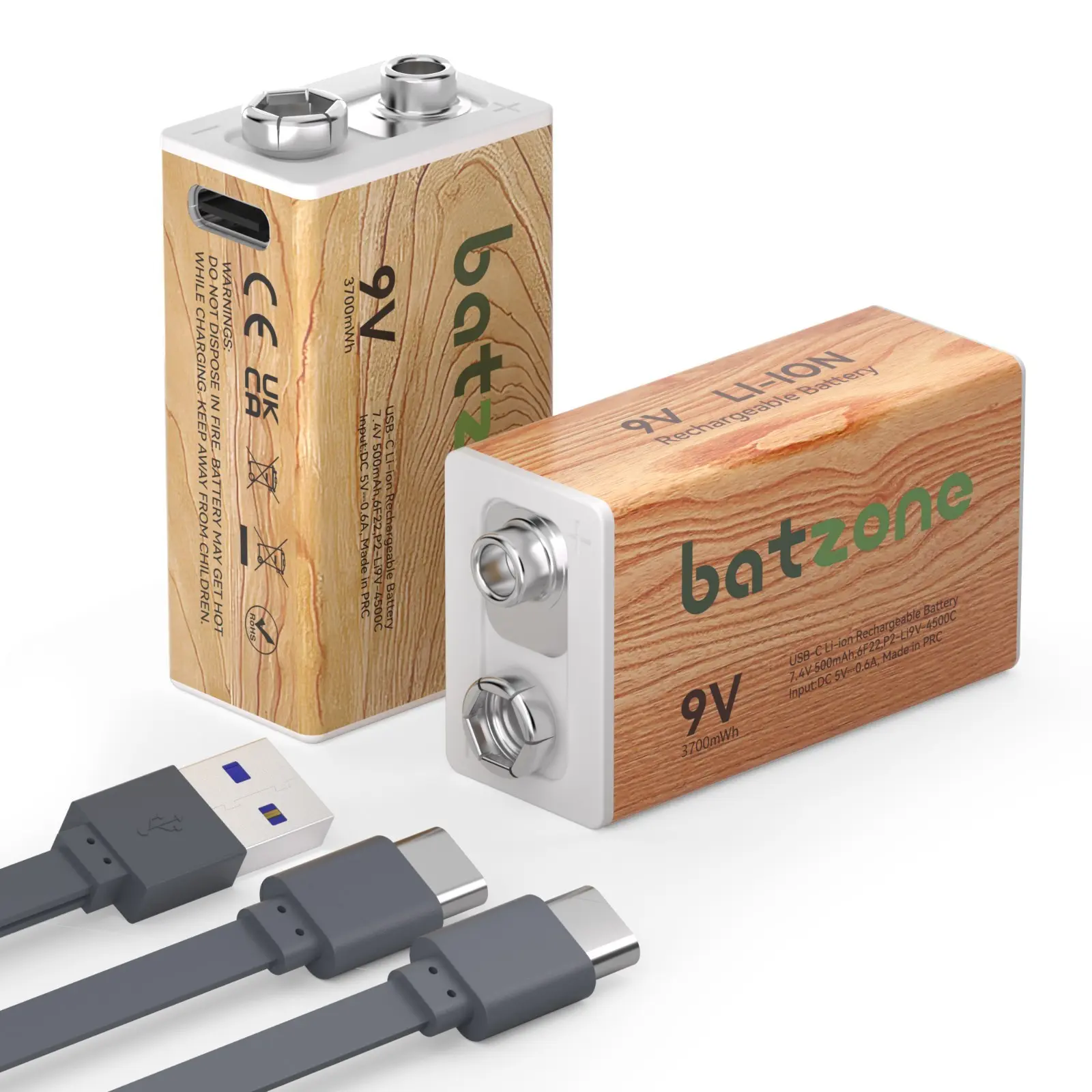 2 Pack 3700mWh 9V Rechargeable Lithium ion Battery With USB-C Port + Type-C Cable
