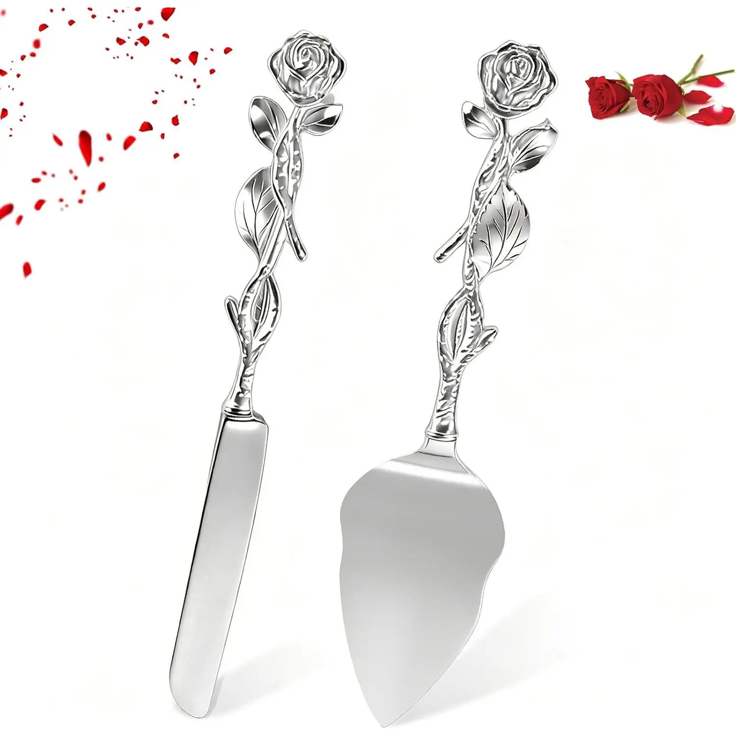 2 PCS Silver Cake Cutting Set, Wedding Cake Knife and Server Set, Vintage Engraved Cake Cutter and Serving Spatula for Wedding, Birthday, Anniversary, Party