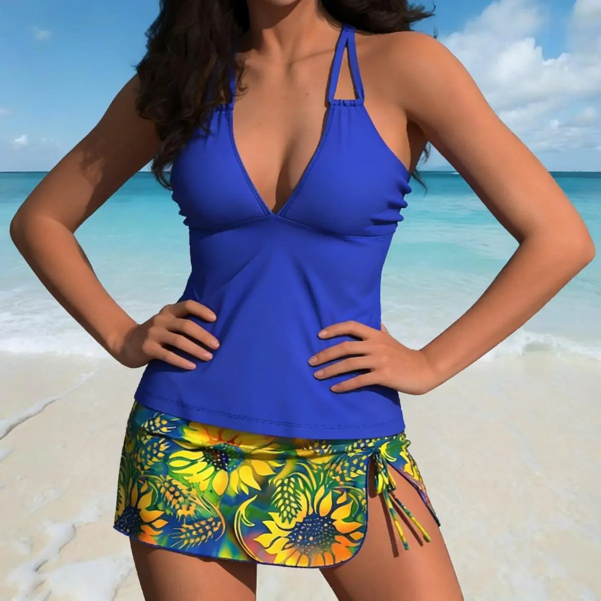 2026 New Fashion Crisscross Strap Floral Print Drawstring Shorts Two Piece Tankini Swimsuit Set for Women, High Stretch Tummy Control Modest Beach Vacation Swimwear for Women