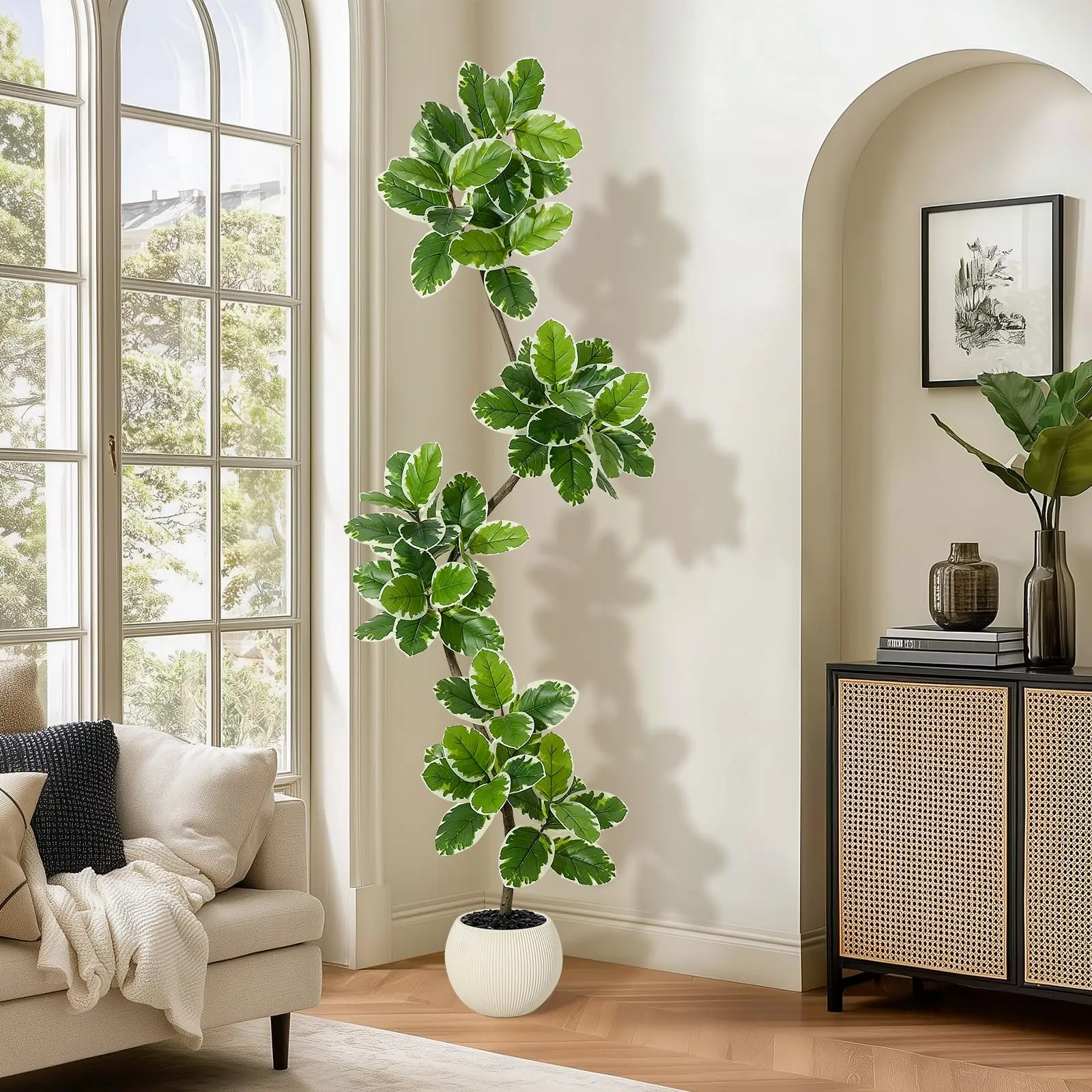 GARVEE- Artificial indoor fig tree, 7 feet tall, synthetic rubber tree with sphere pot, tall artificial plants with moss for home, office, living room decoration