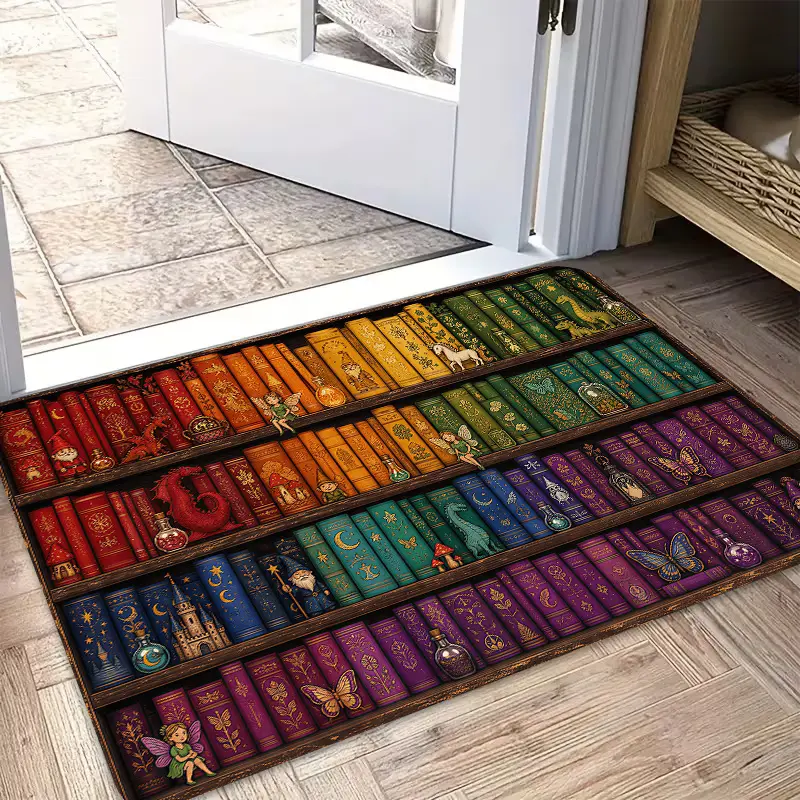 Flannel Floor Mat Flannel Floor Mat 1-piece, 2D flat printing, vintage bookshelf library entrance door mat, colorful and non-slip, machine washable polyester carpet, suitable for home decoration, entryways, halls, bathrooms, and balconies