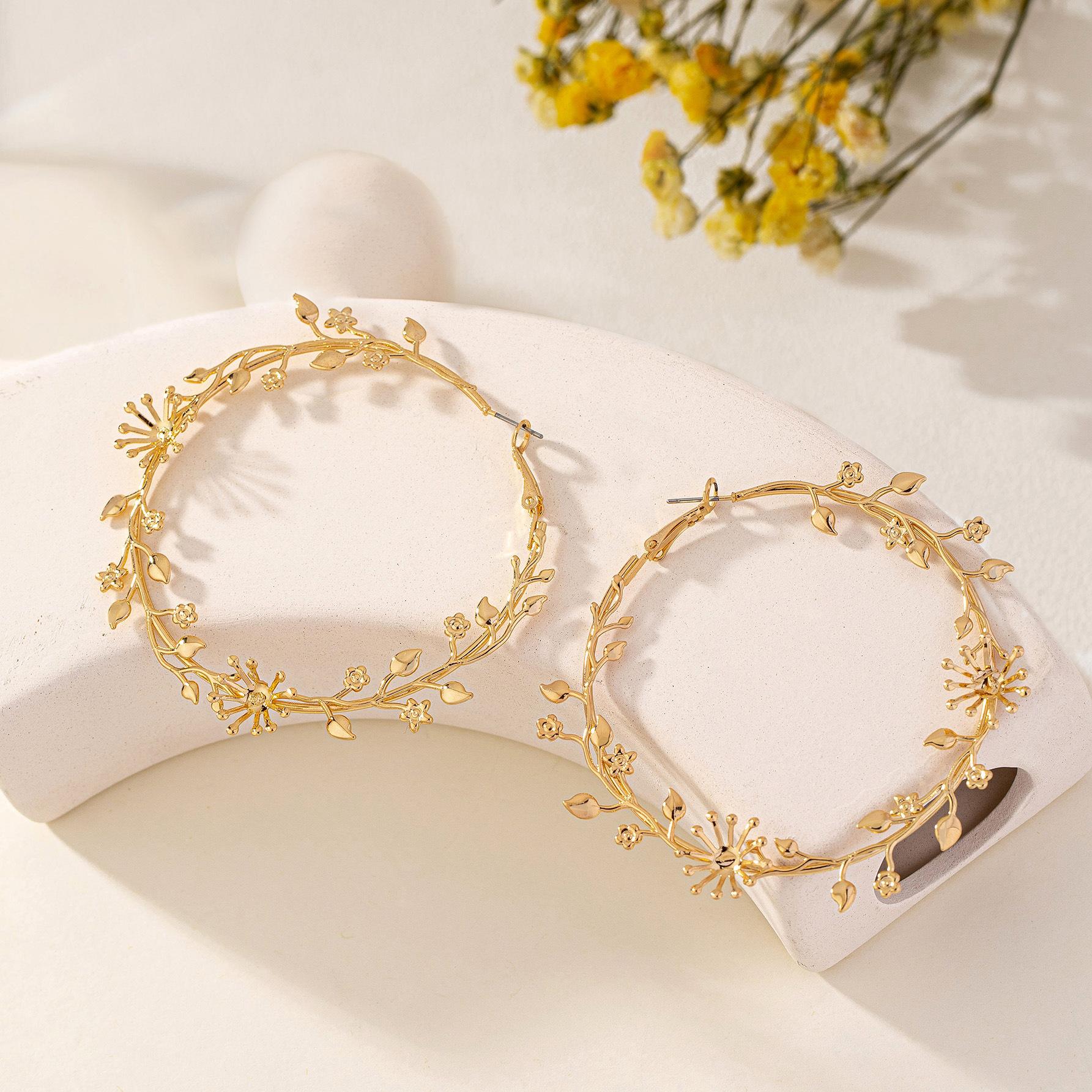 Western Style Statement Earrings | Oversized Gold Hoops with Floral & Leaf Motifs, Sweet Edgy Bold Fashion Jewelry