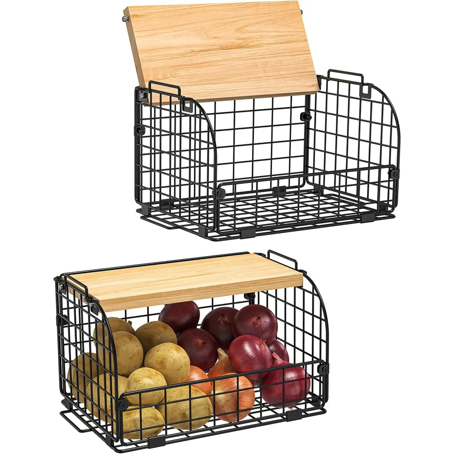 2 Set Stackable Wire Basket with Openable Top, Kitchen Counter, Pantry Organizer and Storage Produce Onion  Fruits Vegs Bread  Snack  Organizing Bin for Cabinet Shelf Countertop Floor