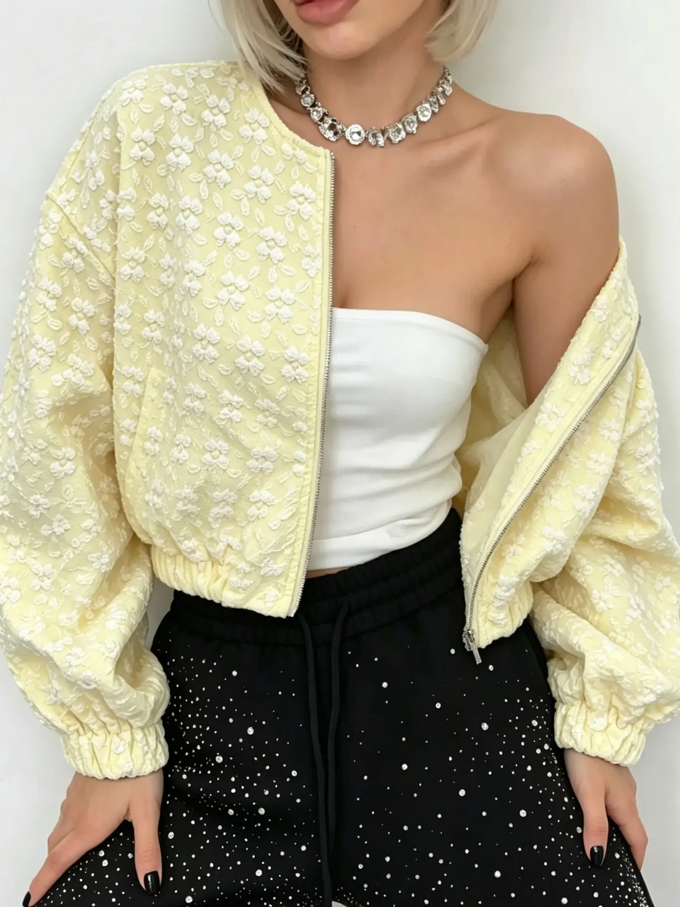Women's Soft Embroidered Floral Jacket, Round Neck Full Zipper, Loose Fit Drop Shoulder Lantern Sleeve, Casual Fall & Winter Outerwear