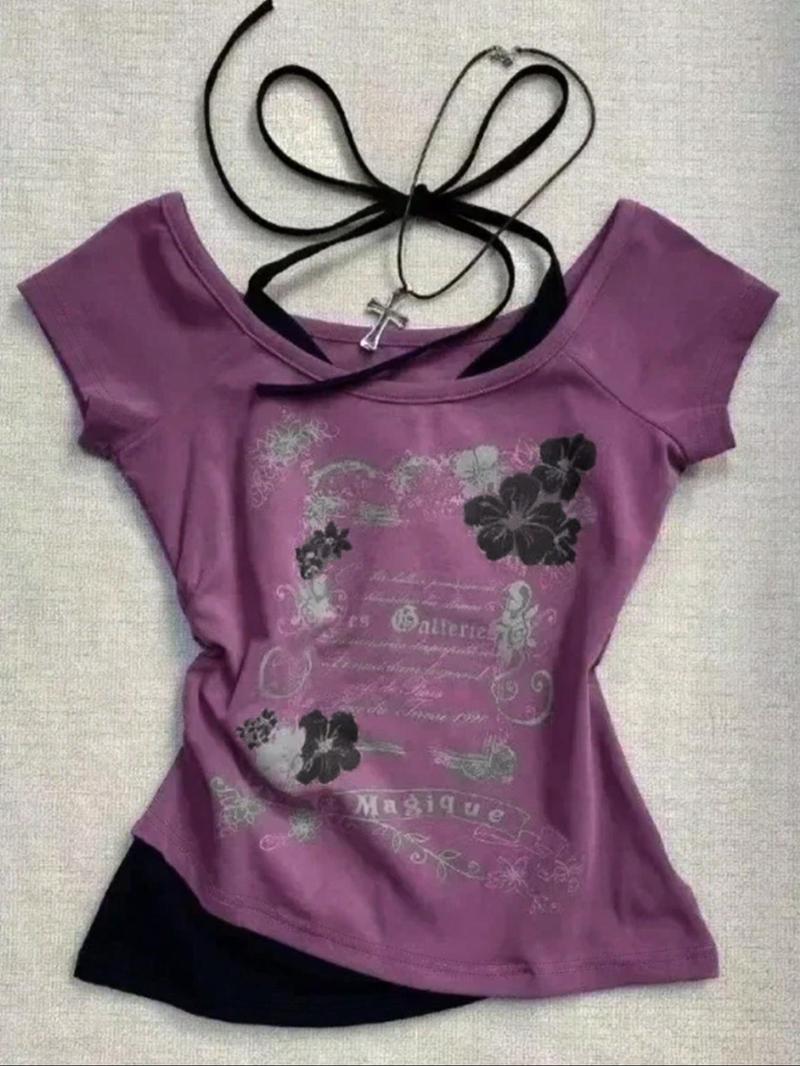 Women's 2 in 1 Floral & Letter Print  Halter Tee, Y2k Casual Top for Summer, Ladies Clothes for Daily Wear