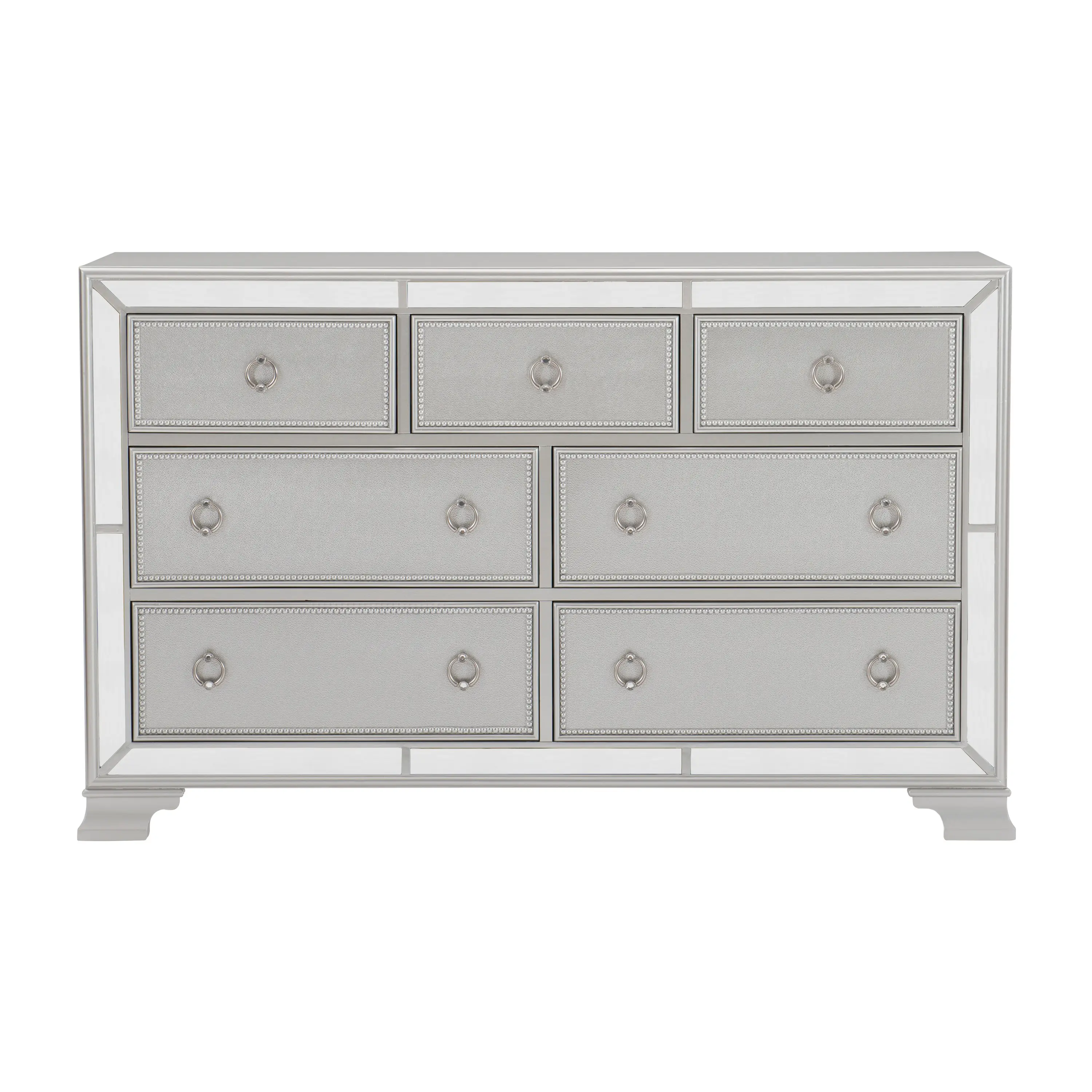Nokaa 7-Drawer Dresser Chest for Bedroom, Silver Finish Wood Dresser with Beveled Mirror Trim, Embossed Textural Drawer Fronts, Polished Chrome Ring Pulls with Faux Crystals, Ball Bearing Glides, No Assembly Required