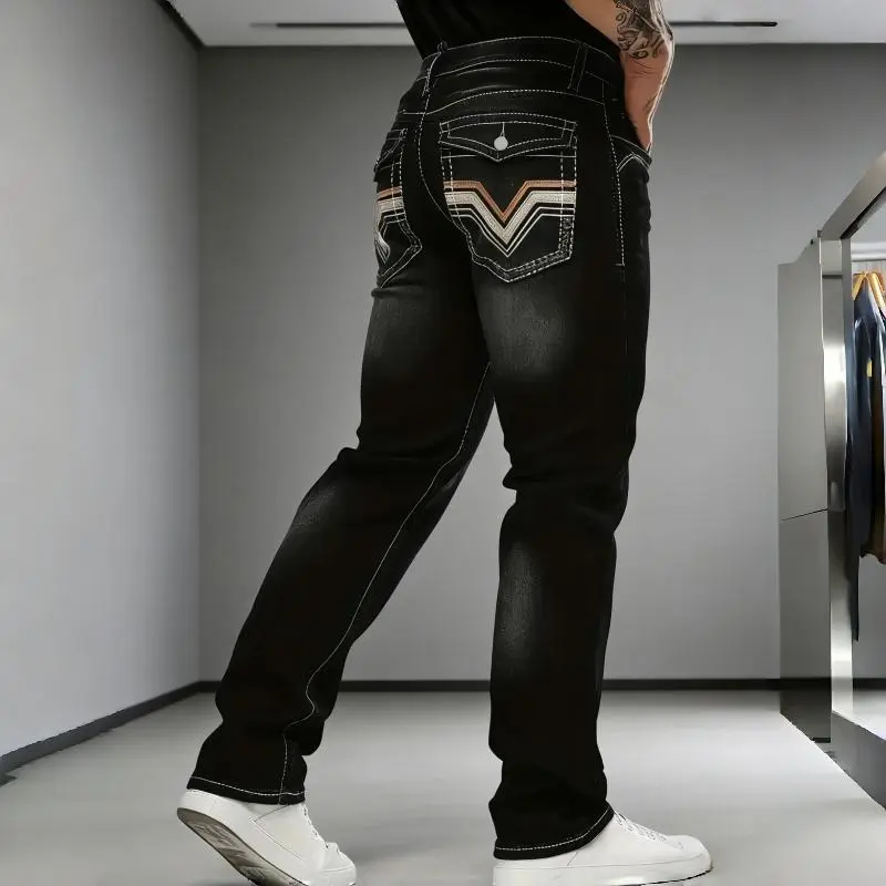 Men's High Cotton Black Vintage Washed Straight Leg Jeans, Western Style Multi-Color Chevron Contrast Stitch Back Pocket Denim Pants, Classic Cowboy Streetwear Relaxed Fit Casual Daily Wear Denim Trousers for Men