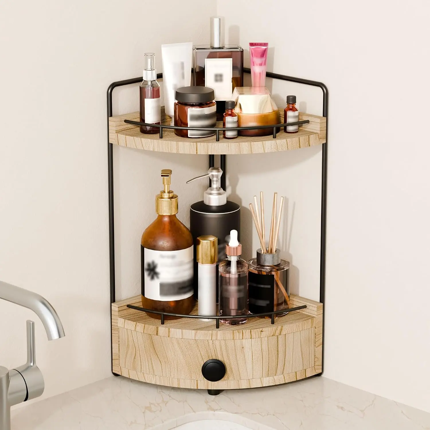 2-Tier Corner Bathroom Countertop Organizer with Drawer, Wooden  Organizers for Makeup and Skincare Storage, Corner Counter Shelf with Embedded Screw Holes, Light Brown