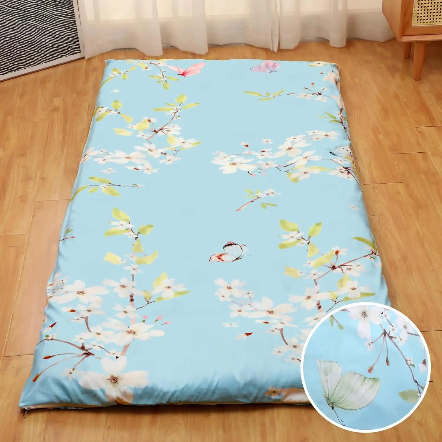 Twin Size Zippered Futon Mattress Cover - 84x58/80x39 in, Machine Washable Skin-Friendly Protector for Japanese Floor Cushions, Blue Flowers Design (No Futon Included), 80 X 39, 84 X 58