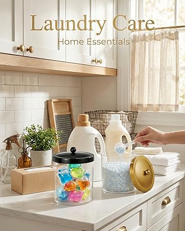 Apothecary Jars Bathroom Vanity Storage Organizer Set -Countertop Canister Plastic Acrylic Jar - Farmhouse Decor Qtip Holder for Cotton Swabs,Makeup Sponges,Flossers,Paper Clips -Black(2)
