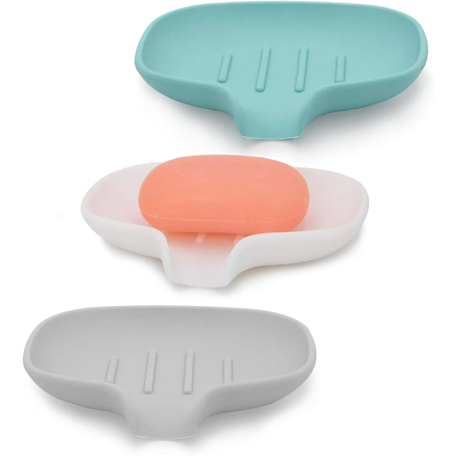 3 Pack Silicone Soap Dish with Drain, Bar Soap Holder for Shower/Bathroom, Self Draining Waterfall Soap Tray/Saver for Kitchen, Keep Soap Dry, Easy to Clean
