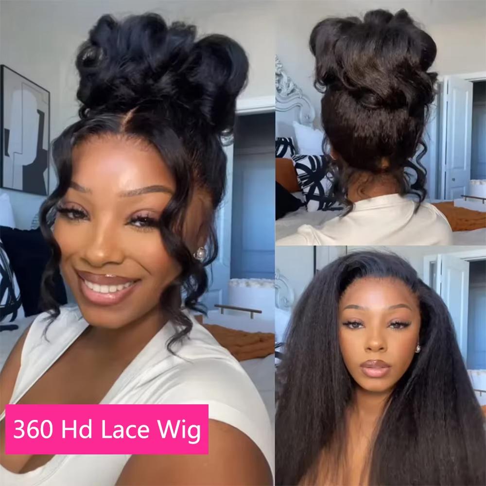 Bling Hair 360 Glueless Wigs Kinky Straight 360 Full Skin Lace Frontal Wig Invisible Strap Pre Plucked Pre Cut Natural Hairline Human Hair Wig