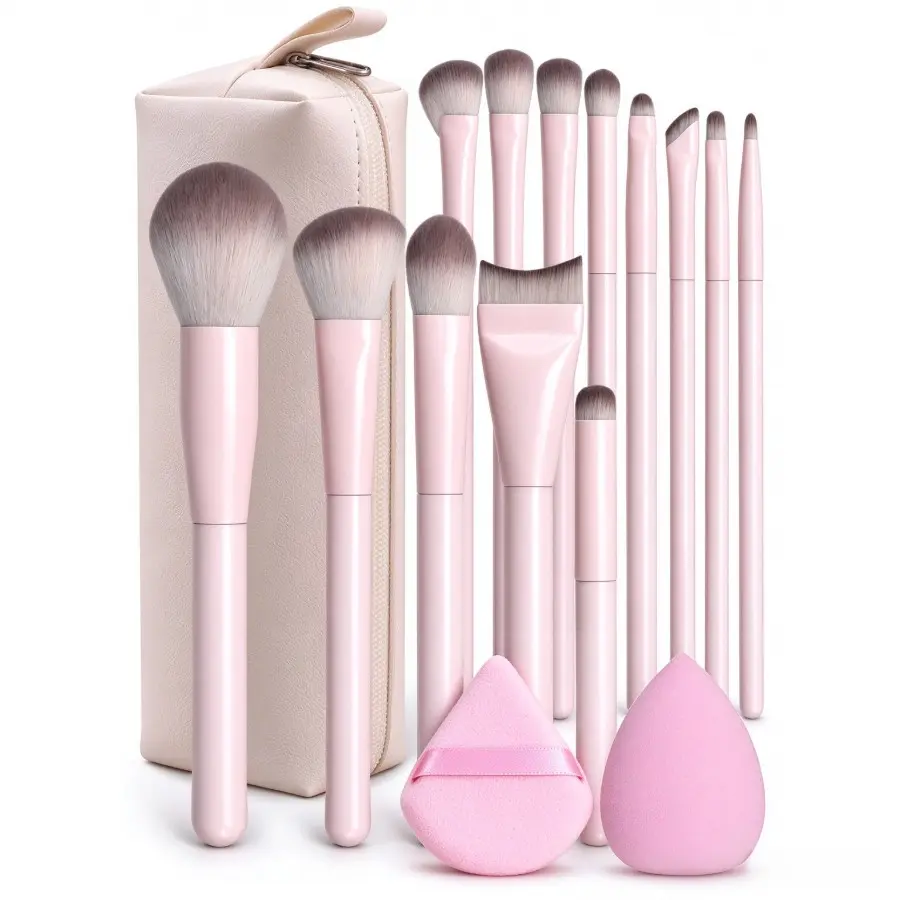 High-End Makeup Brush Set, 12-Piece Kit with 2 Beauty Sponges and PU Leather Bag, Perfect Gift for Makeup Enthusiasts
