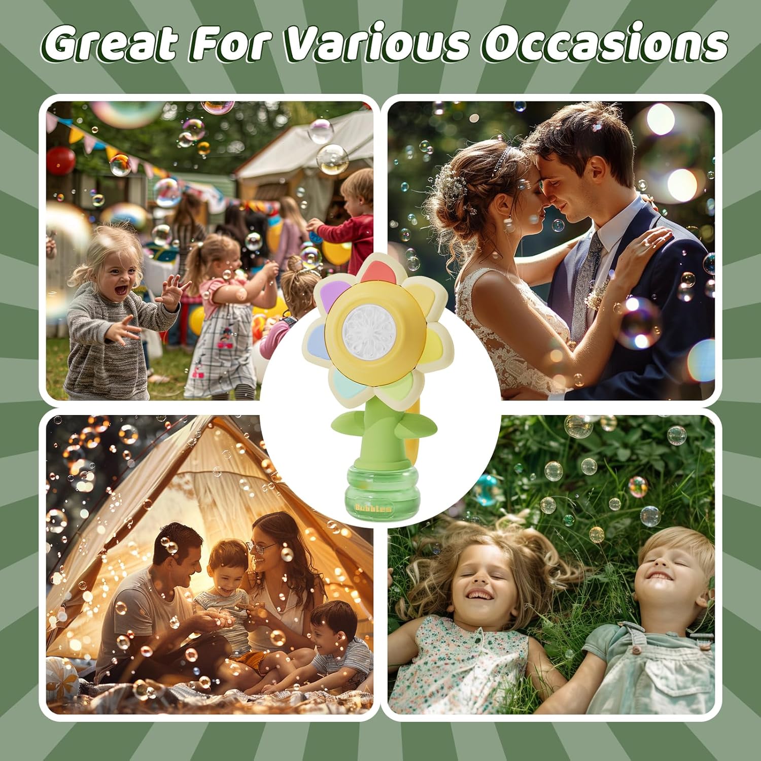 Summer Toy Gift, Indoor Outdoor Birthday Wedding Party Bubble Machine, Colorful Flower Design, USB Rechargeable, Portable Round Shape