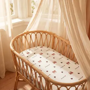 Baby Ultra-Fine Fiber Bed Skirt Mattress Cover, Breathable Soft Cartoon Print, Newborn Standard Size, Unisex, All Seasons, Bear Heart Pattern