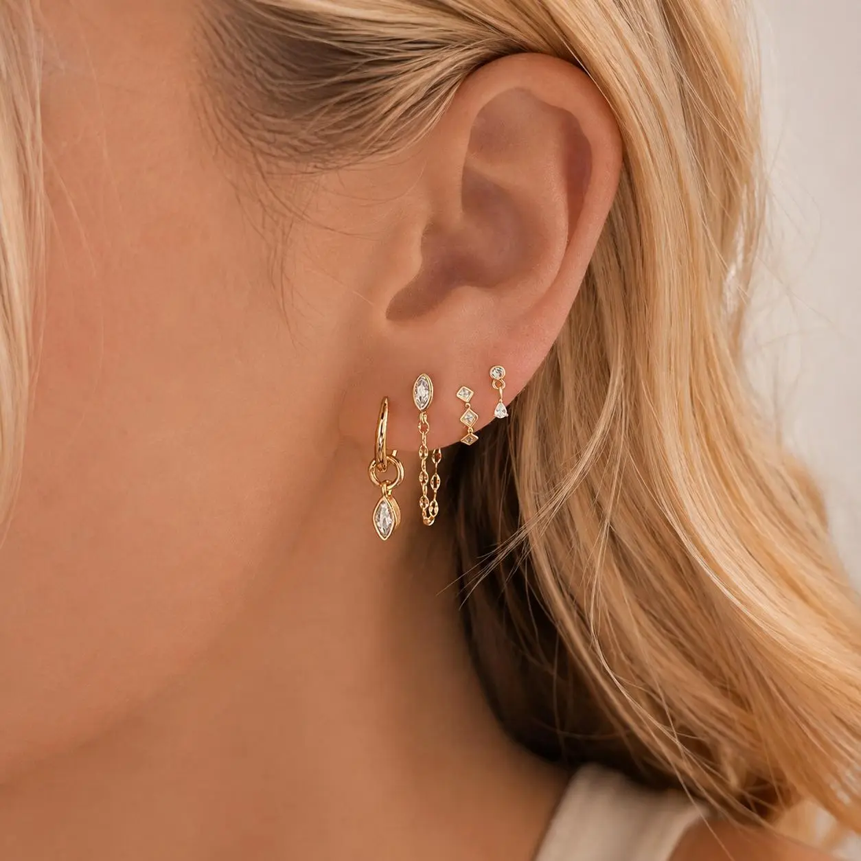 14K Gold Plated Stackable Earrings Set for Women, Dainty Chain Huggie Hoop Drop Earrings, Hypoallergenic Cute Trendy Unique Fashion Jewelry Gift for Her