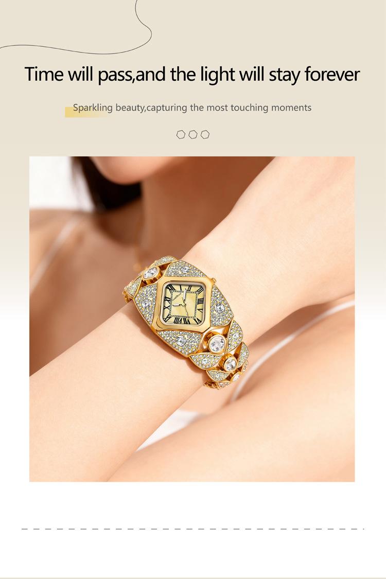 Women's Luxury Gold Iced Out Diamond Bracelet Watch - Square Mother of Pearl Dial with Roman Numerals, Fully Bling Crystal Encrusted Quartz Wristwatch, Perfect Gift for Her