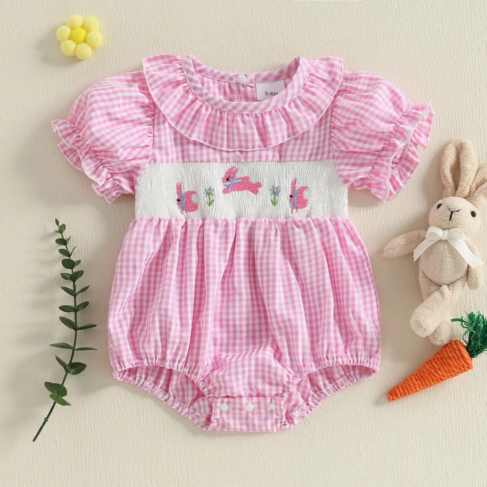 Newborn Baby Girl Smocked Romper Embroidery Peter Pan Collar Ruffle Sleeve Bubble Bodysuit Summer Outfit Puff Sleeve Doll Collar Bunny Embroidery Romper