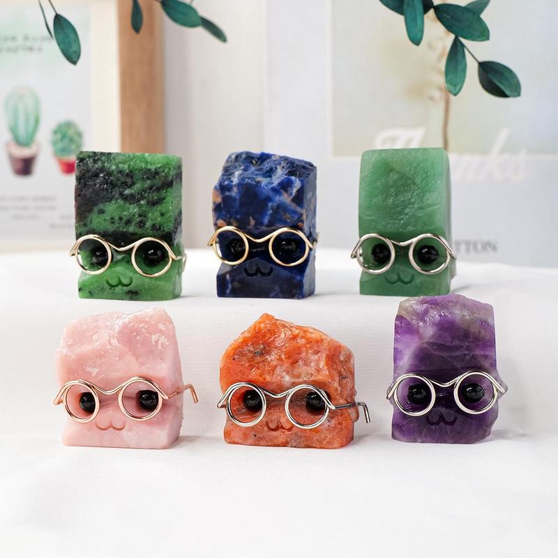 Random Color Natural Crystal Gemstone Pet Figurines with Glasses, 1/3/5 Counts DIY Handmade Crystal Carving Fengshui Sculptures, Pet Memorial Ornaments, Home Garden Decor Natural Crystal Set