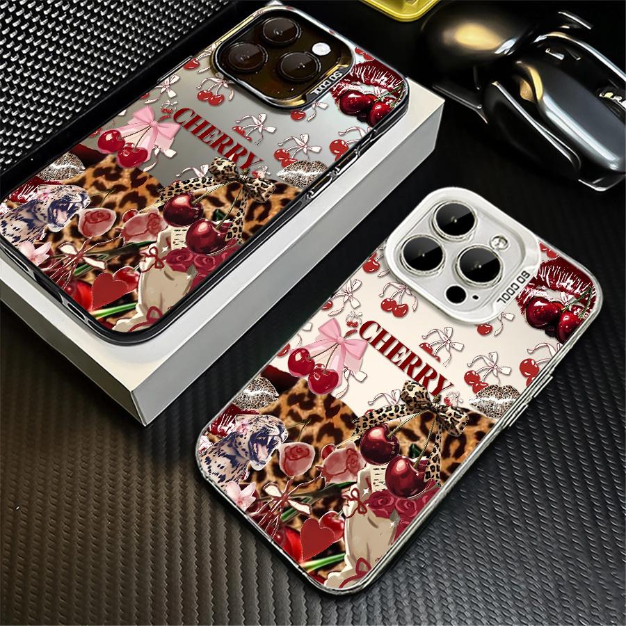 Cherry leopard print bow heart phone case, shockproof hard shell, featuring a vintage girl style design, ideal for gifting, suitable for iPhone 17/16/15/14/13/12/11/X/XS/XSMAX/XR/7P/8P/16E/17E