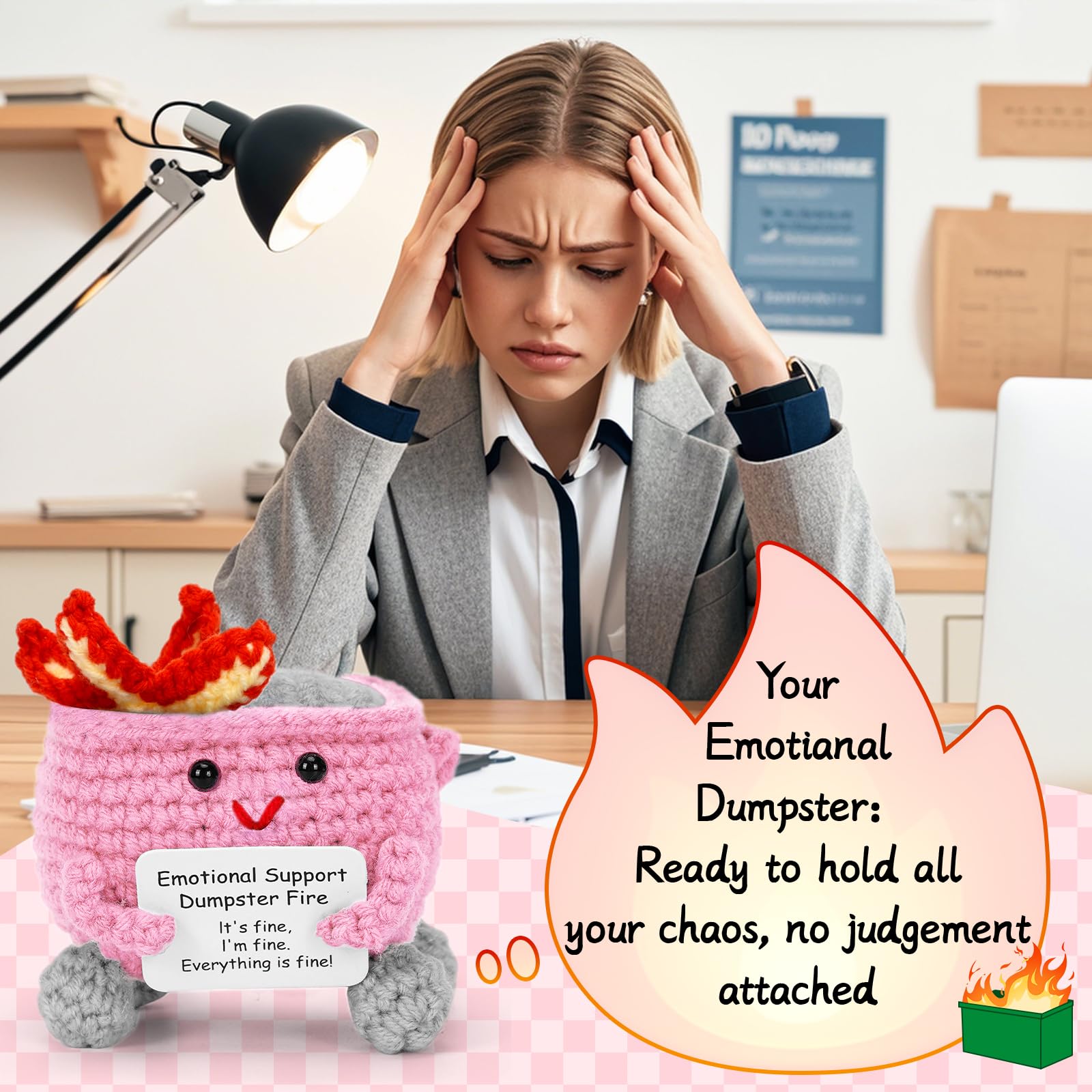 Emotional Support Handmade Crochet Dumpster Fire with Positive Card, Cute Room Decor, Funny Knitted Toys Gifts for Friends, Soft Stuffed Doll