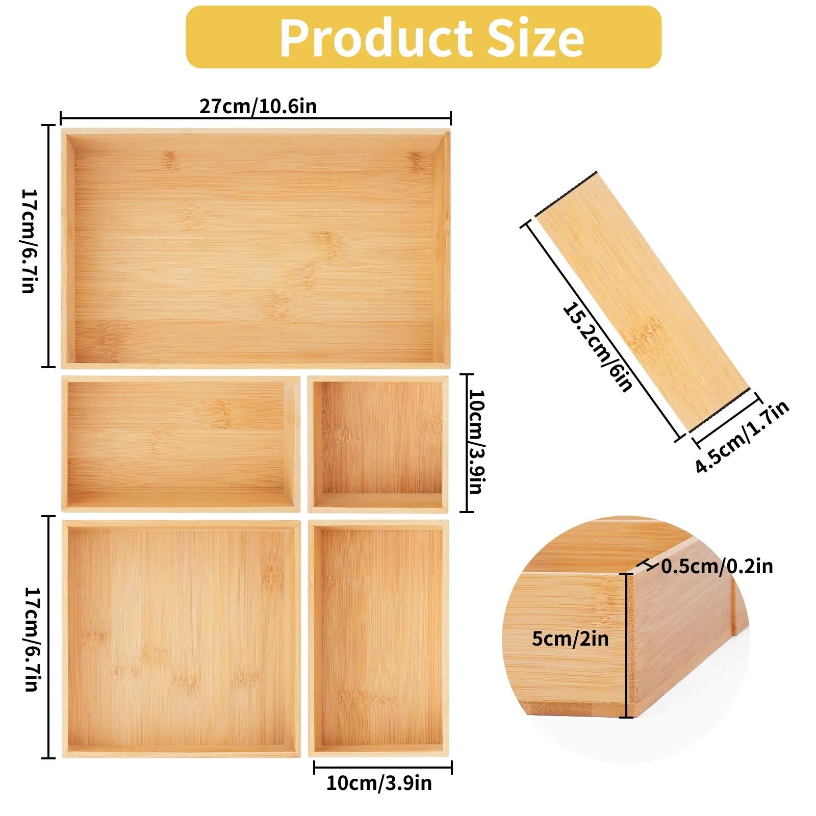 Upgrade your space with this bamboo drawer organizer set featuring adjustable wooden dividers and 7 flexible grids!Stackable design works for kitchen utensils, bathroom cosmetics, office supplies, and desk junk, keeping small items tidy