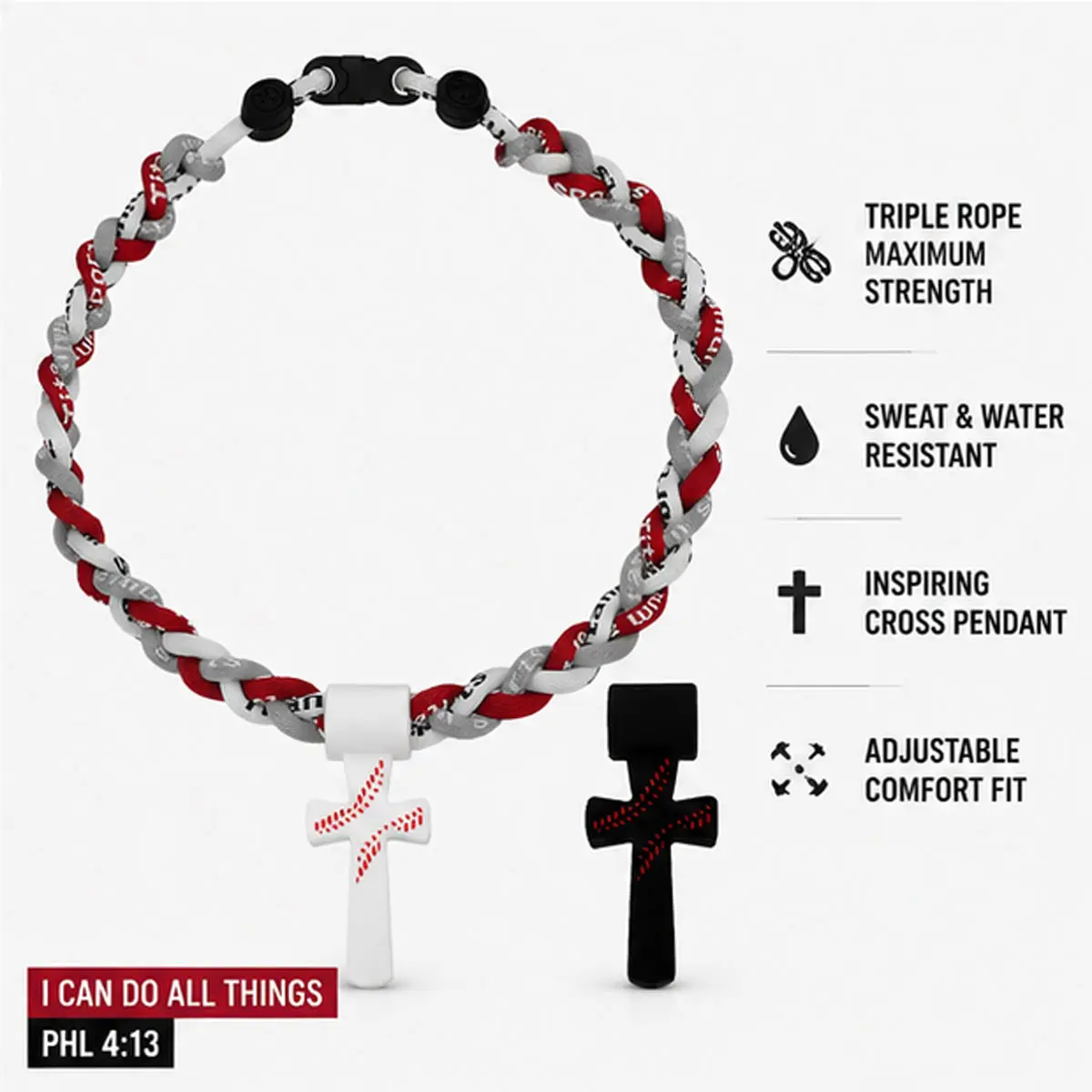 Triple-Rope Tornado Sports Baseball Necklace for Boys 8-12, Soft Silicone-Rope Unisex Wear Jewelry with Cross Pendant, Inspirational "I CAN DO ALL THINGS PHL4:13", 18.11in White Auspicious Gift, Sporty Vibe Fashion Accessory